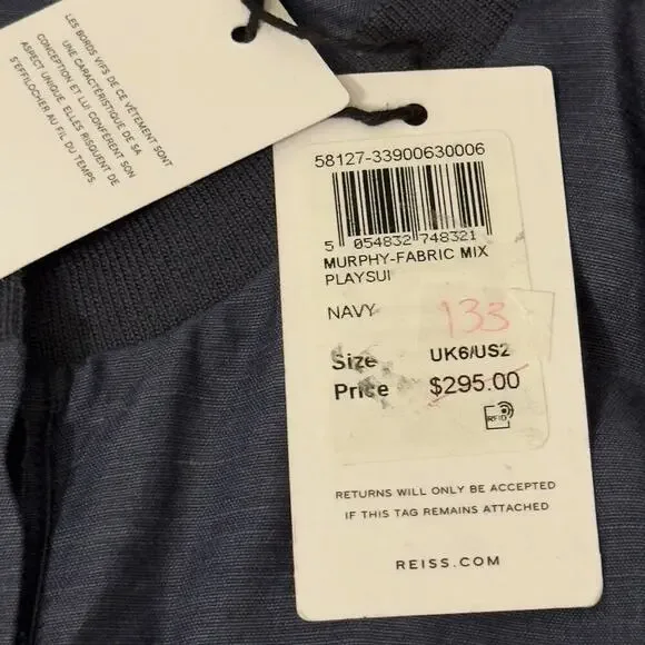 REISS MURPHY HEMP BLEND SLEEVELESS PLAYSUIT ROMPER IN NAVY NWT WOMEN'S SIZE‎ 2